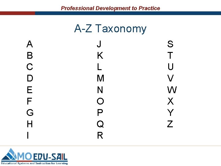 Professional Development to Practice A-Z Taxonomy A B C D E F G H