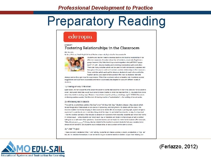 Professional Development to Practice Preparatory Reading (Ferlazzo, 2012) 