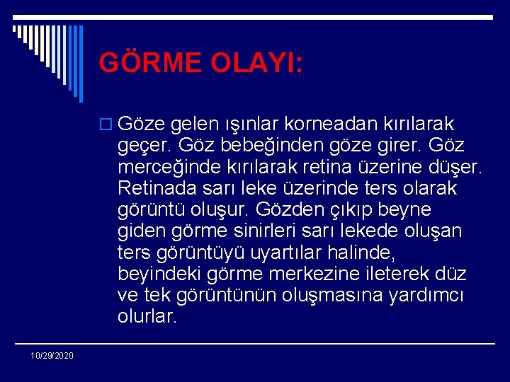 GÖRME OLAYI: o Göze gelen ışınlar korneadan kırılarak geçer. Göz bebeğinden göze girer. Göz