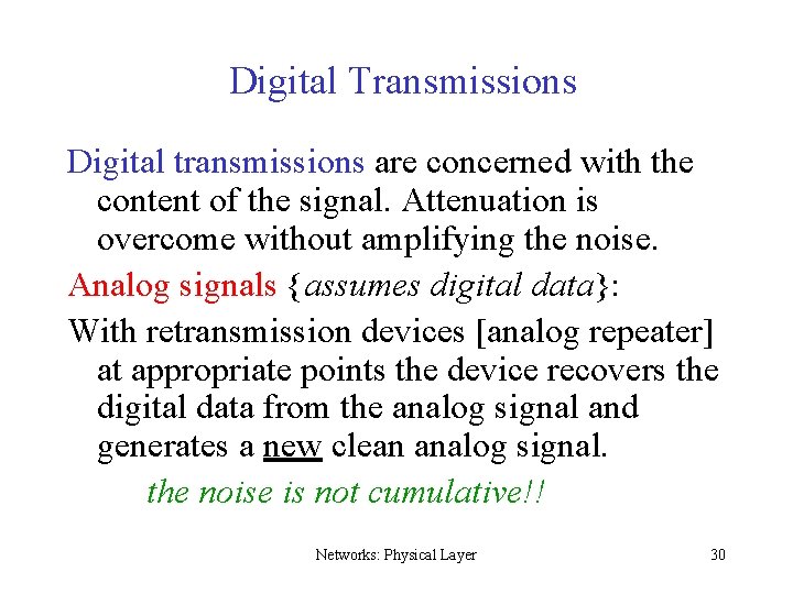 Digital Transmissions Digital transmissions are concerned with the content of the signal. Attenuation is