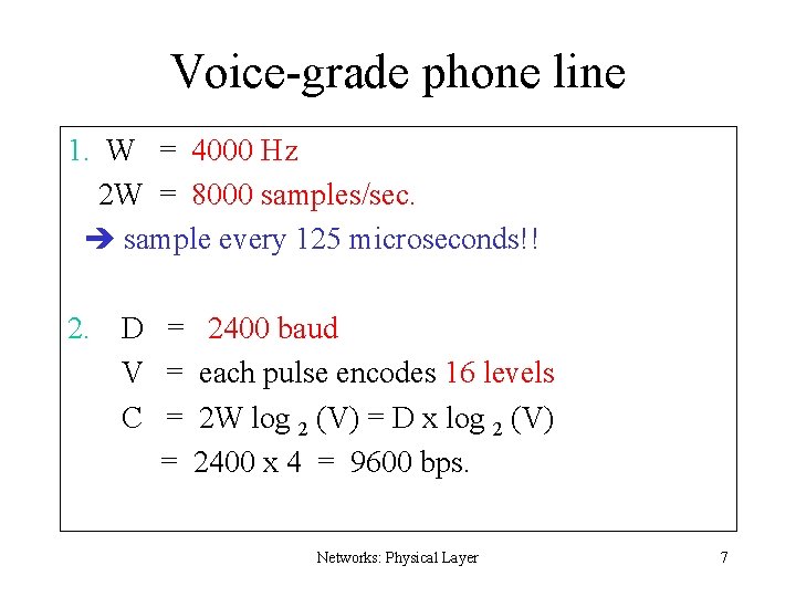 Voice-grade phone line 1. W = 4000 Hz 2 W = 8000 samples/sec. sample