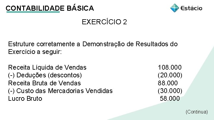 CONTABILIDADE BÁSICA EXERCÍCIO 2 Estruture corretamente a Demonstração de Resultados do Exercício a seguir: