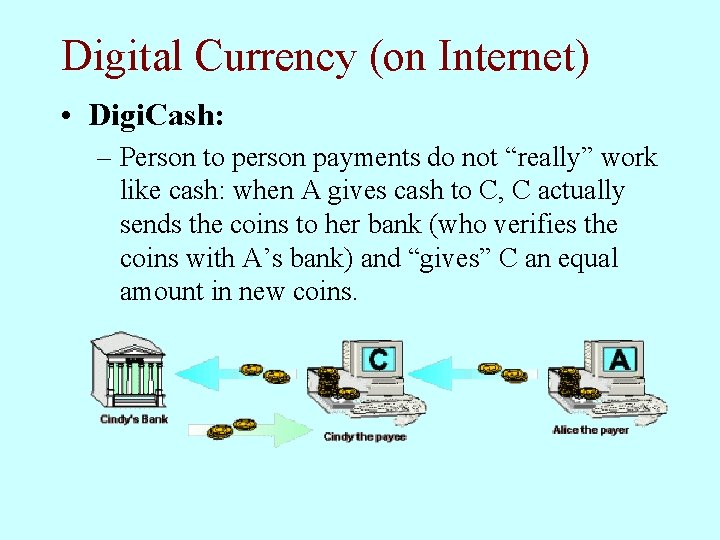 Digital Currency (on Internet) • Digi. Cash: – Person to person payments do not Digital Currency (on Internet) • Digi. Cash: – Person to person payments do not