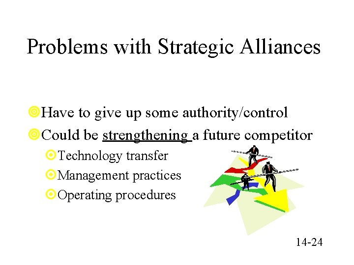 Problems with Strategic Alliances ¥Have to give up some authority/control ¥Could be strengthening a