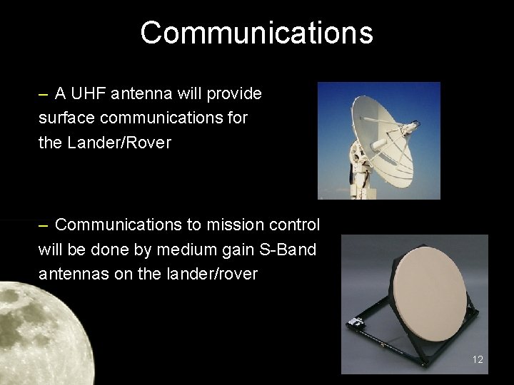 Communications – A UHF antenna will provide surface communications for the Lander/Rover – Communications Communications – A UHF antenna will provide surface communications for the Lander/Rover – Communications