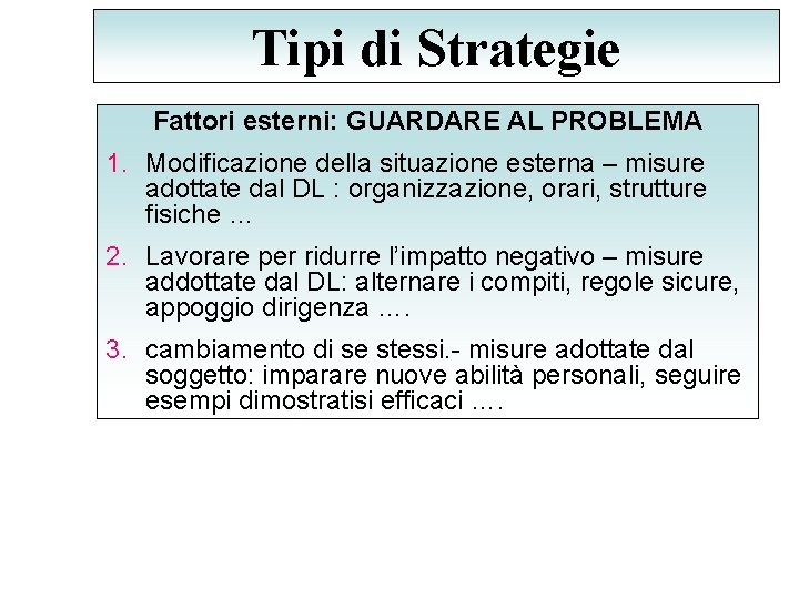Tipi di Strategie Fattori esterni: GUARDARE AL PROBLEMA 1. Modificazione della situazione esterna –