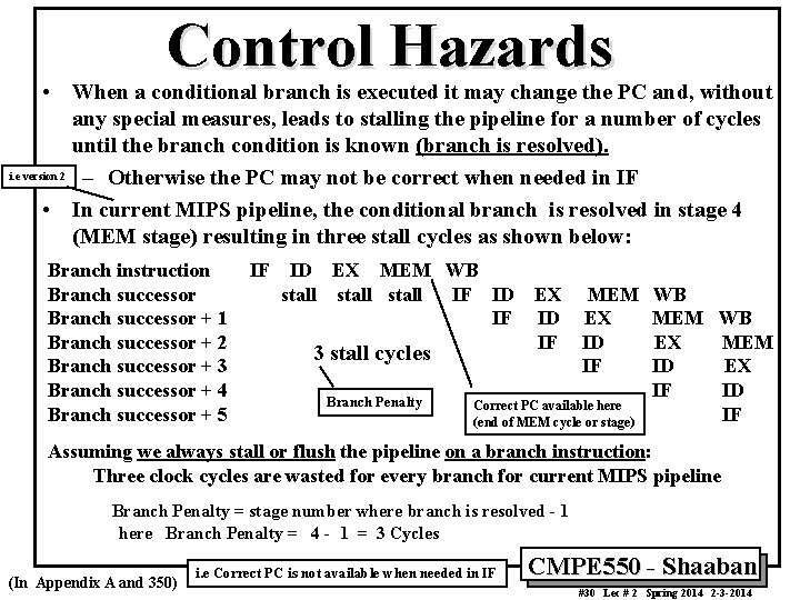 Control Hazards • When a conditional branch is executed it may change the PC