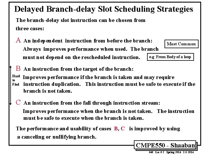 Delayed Branch-delay Slot Scheduling Strategies The branch-delay slot instruction can be chosen from three