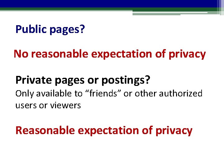 Public pages? No reasonable expectation of privacy Private pages or postings? Only available to