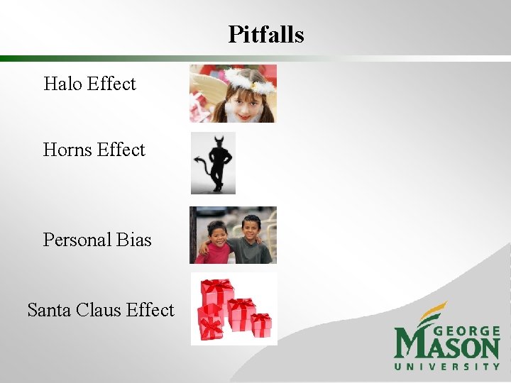 Pitfalls Halo Effect Horns Effect Personal Bias Santa Claus Effect 