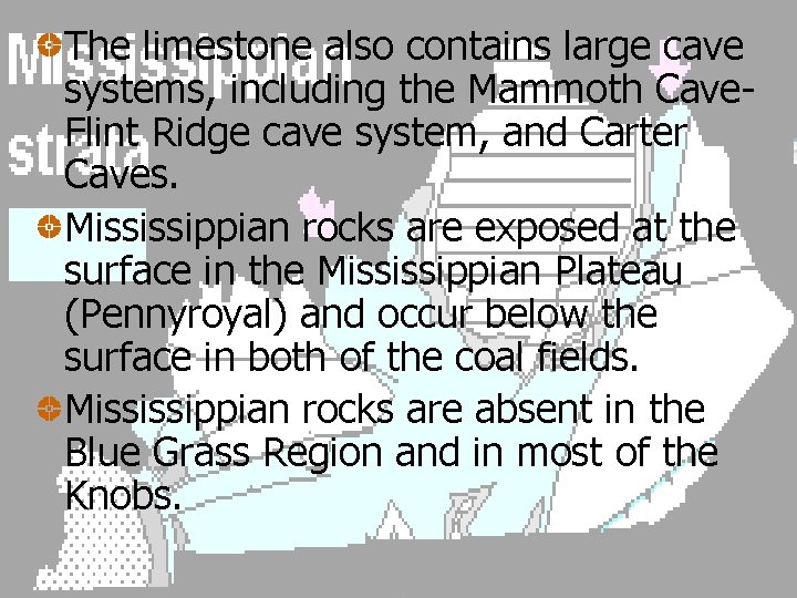 The limestone also contains large cave systems, including the Mammoth Cave. Flint Ridge cave