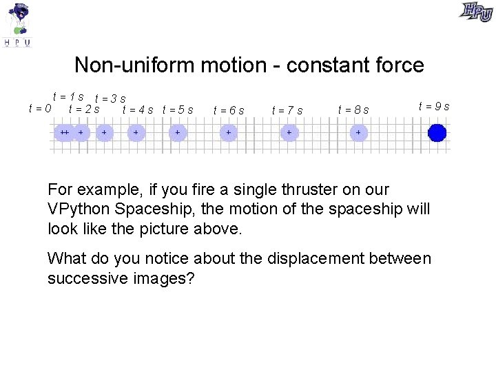 Non-uniform motion - constant force t=1 s t=3 s t=0 t=2 s t=4 s