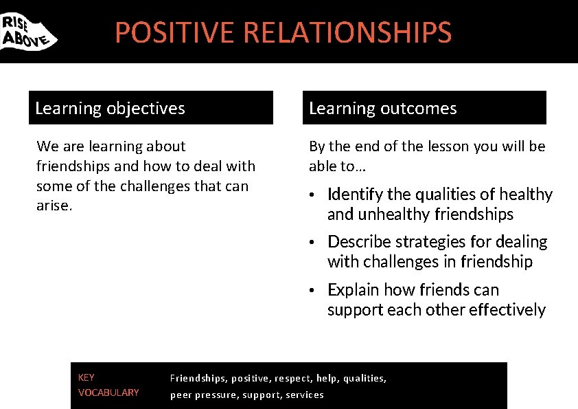 POSITIVE RELATIONSHIPS Learning objectives Learning outcomes We are learning about friendships and how to