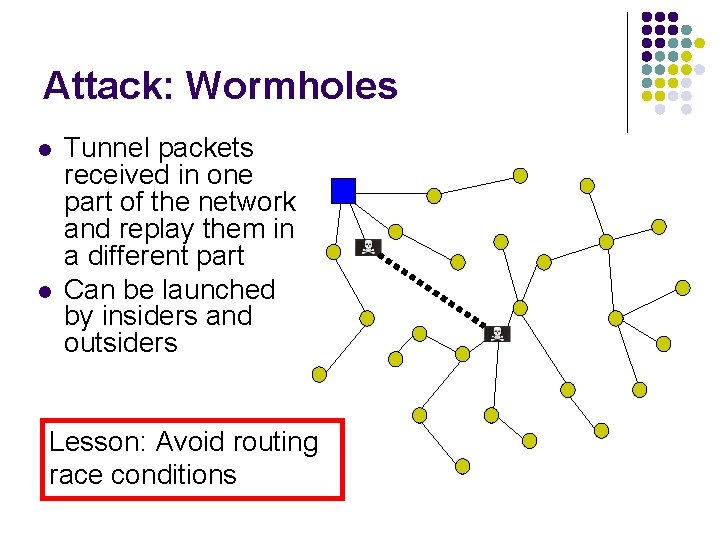 Attack: Wormholes l l Tunnel packets received in one part of the network and