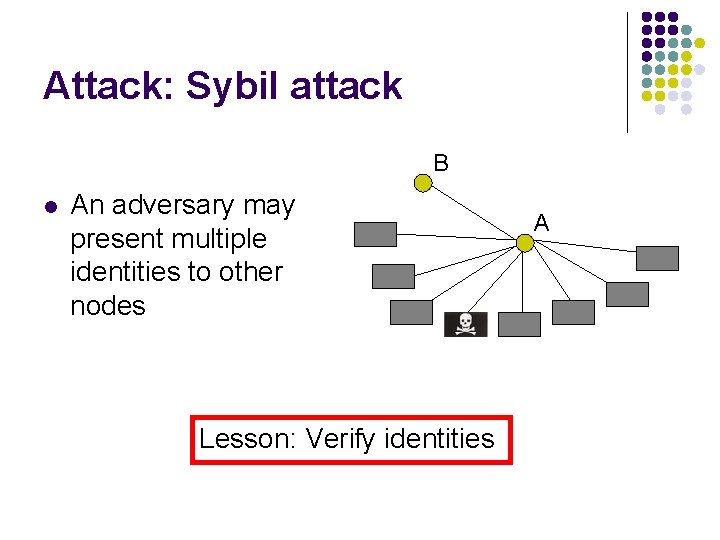 Attack: Sybil attack B l An adversary may present multiple identities to other nodes