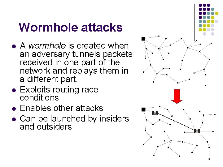 Wormhole attacks l l A wormhole is created when an adversary tunnels packets received