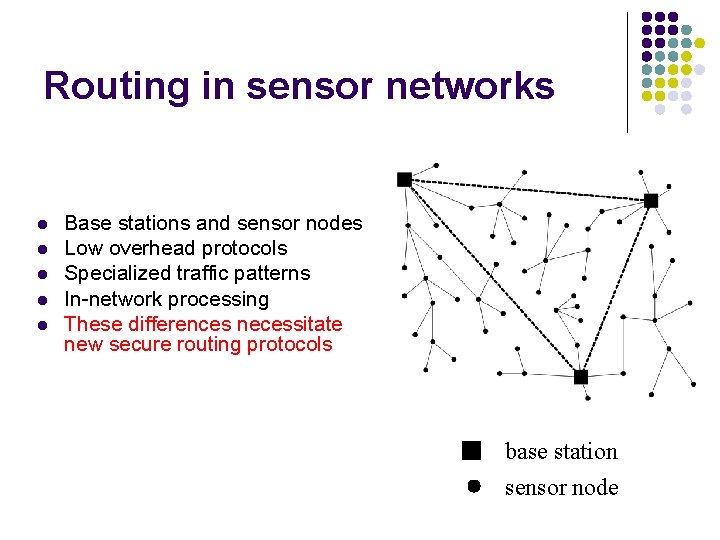 Routing in sensor networks l l l Base stations and sensor nodes Low overhead