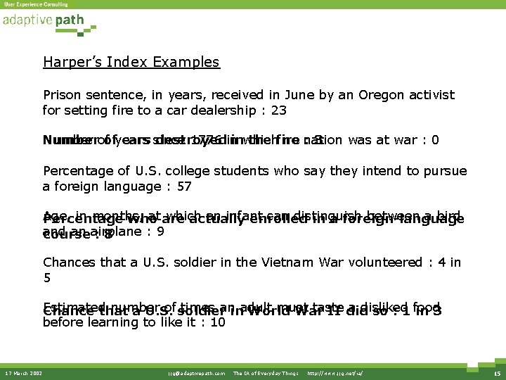 Harper’s Index Examples Prison sentence, in years, received in June by an Oregon activist