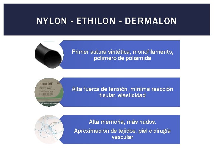 NYLON - ETHILON - DERMALON Primer sutura sintética, monofilamento, polímero de poliamida Alta fuerza