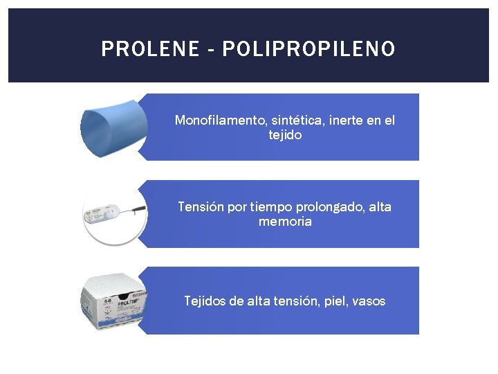 PROLENE - POLIPROPILENO Monofilamento, sintética, inerte en el tejido Tensión por tiempo prolongado, alta