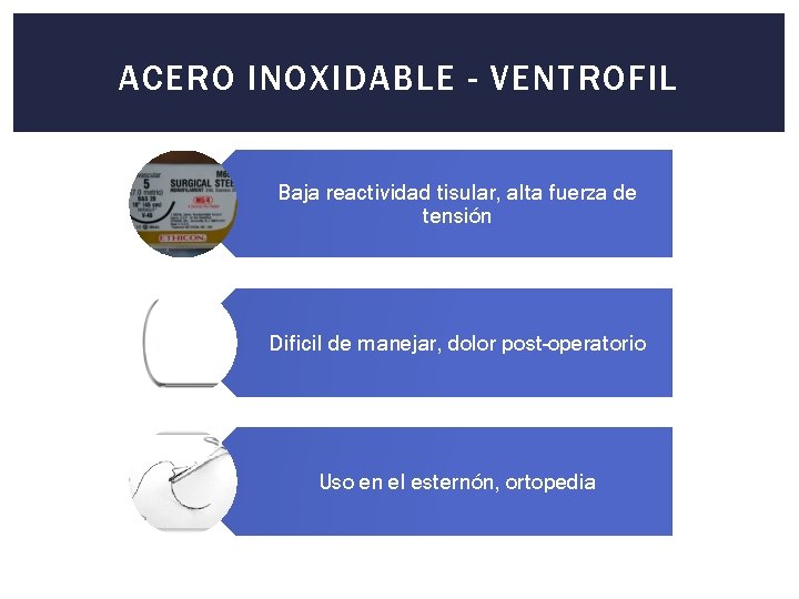 ACERO INOXIDABLE - VENTROFIL Baja reactividad tisular, alta fuerza de tensión Dificil de manejar,
