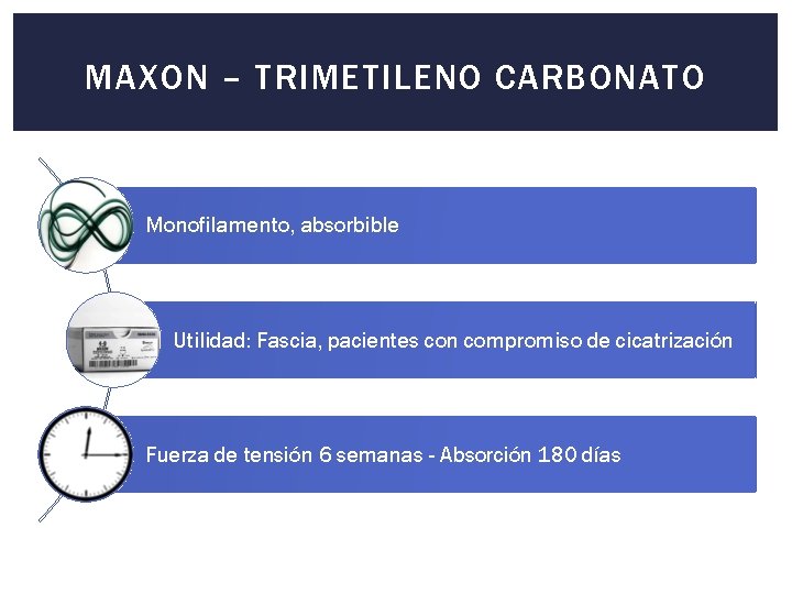 MAXON – TRIMETILENO CARBONATO Monofilamento, absorbible Utilidad: Fascia, pacientes con compromiso de cicatrización Fuerza