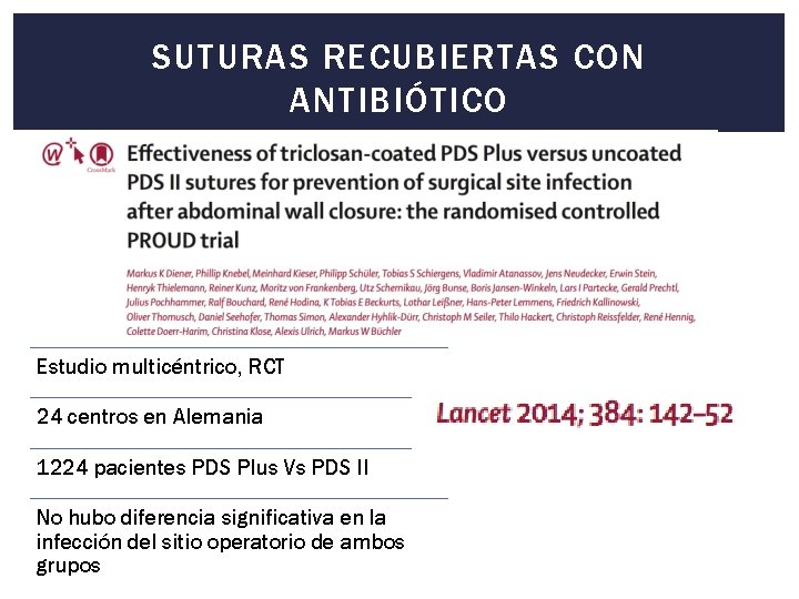 SUTURAS RECUBIERTAS CON ANTIBIÓTICO Estudio multicéntrico, RCT 24 centros en Alemania 1224 pacientes PDS