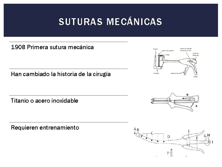 SUTURAS MECÁNICAS 1908 Primera sutura mecánica Han cambiado la historia de la cirugía Titanio