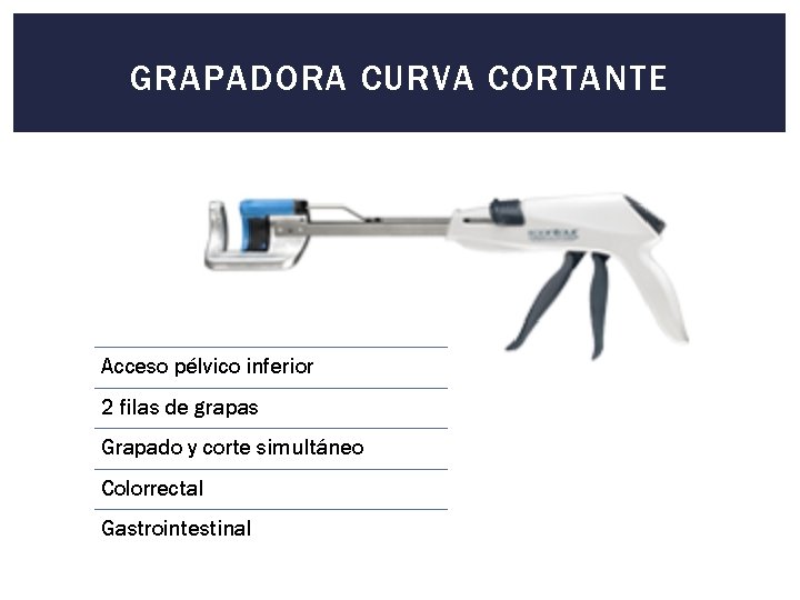 GRAPADORA CURVA CORTANTE Acceso pélvico inferior 2 filas de grapas Grapado y corte simultáneo