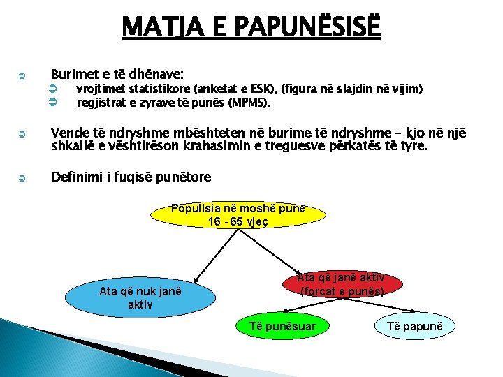 MATJA E PAPUNËSISË Ü Burimet e të dhënave: Ü Ü vrojtimet statistikore (anketat e