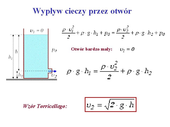 Wypływ cieczy przez otwór Otwór bardzo mały: Wzór Torricellego: 