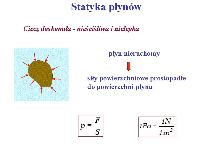 Statyka płynów Ciecz doskonała - nieściśliwa i nielepka płyn nieruchomy siły powierzchniowe prostopadłe do