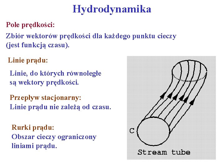 Hydrodynamika Pole prędkości: Zbiór wektorów prędkości dla każdego punktu cieczy (jest funkcją czasu). Linie