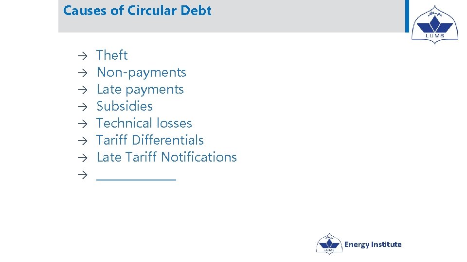 Causes of Circular Debt → → → → Theft Non-payments Late payments Subsidies Technical Causes of Circular Debt → → → → Theft Non-payments Late payments Subsidies Technical