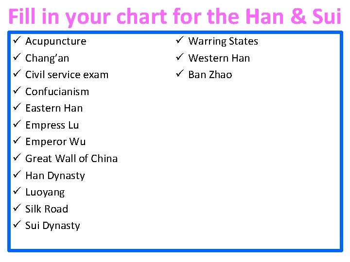 Fill in your chart for the Han & Sui ü ü ü Acupuncture Chang’an