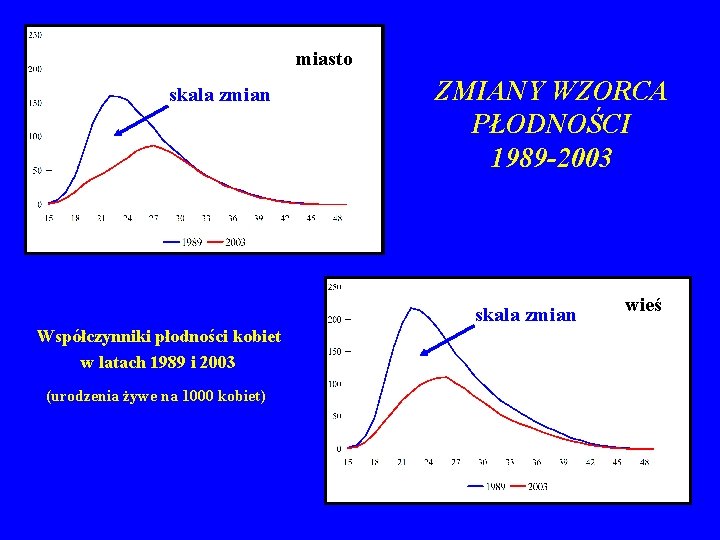 miasto skala zmian ZMIANY WZORCA PŁODNOŚCI 1989 -2003 skala zmian Współczynniki płodności kobiet w