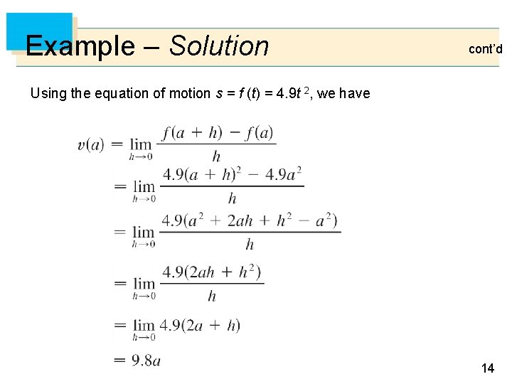 Example – Solution cont’d Using the equation of motion s = f (t) =