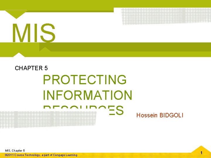 MIS CHAPTER 5 PROTECTING INFORMATION RESOURCES MIS, Chapter 5 © 2011 Course Technology, a