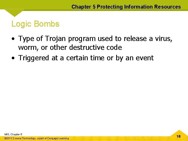 Chapter 5 Protecting Information Resources Logic Bombs • Type of Trojan program used to