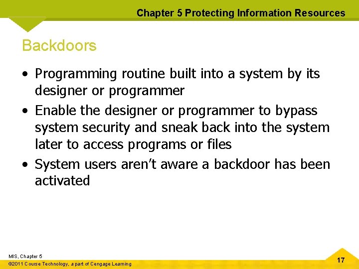Chapter 5 Protecting Information Resources Backdoors • Programming routine built into a system by