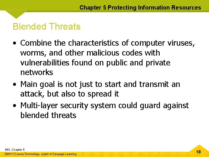 Chapter 5 Protecting Information Resources Blended Threats • Combine the characteristics of computer viruses,