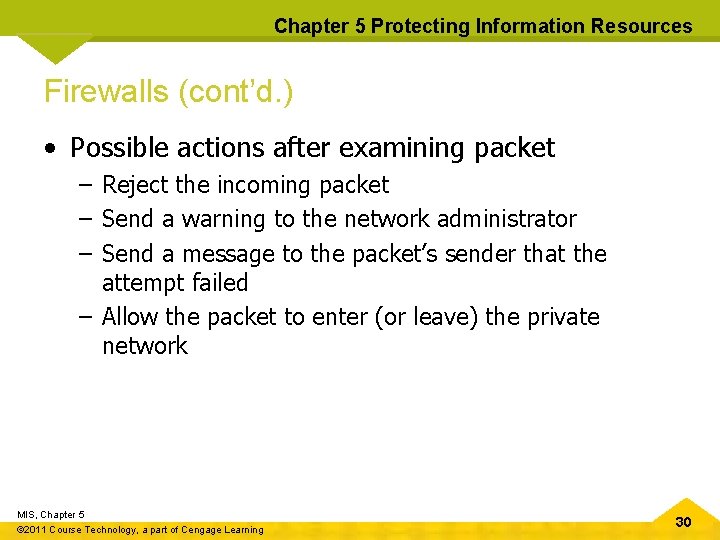 Chapter 5 Protecting Information Resources Firewalls (cont’d. ) • Possible actions after examining packet