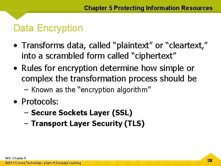 Chapter 5 Protecting Information Resources Data Encryption • Transforms data, called “plaintext” or “cleartext,