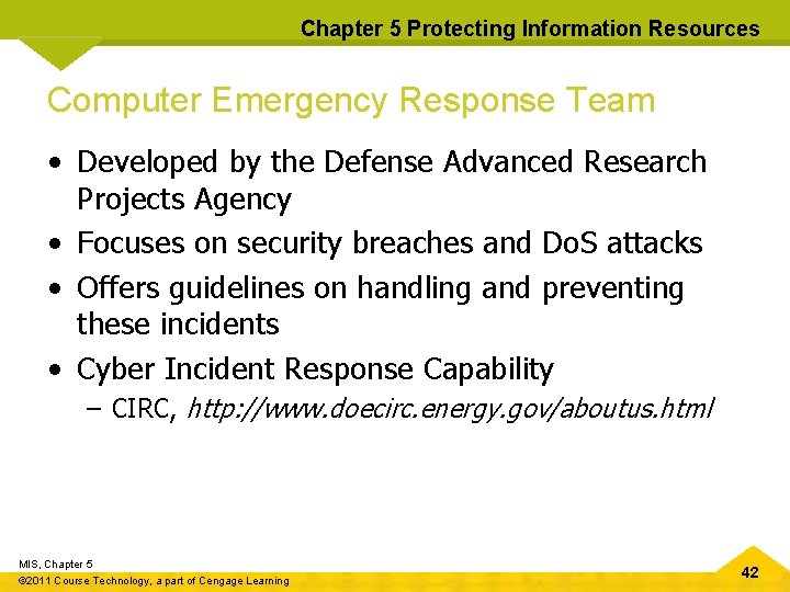 Chapter 5 Protecting Information Resources Computer Emergency Response Team • Developed by the Defense