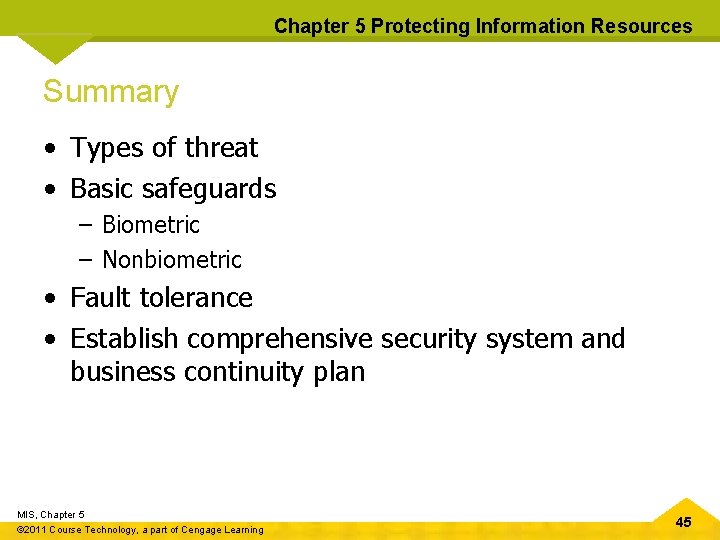 Chapter 5 Protecting Information Resources Summary • Types of threat • Basic safeguards –