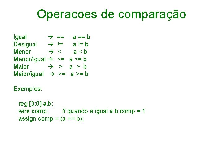 Operacoes de comparação Igual Desigual Menor/igual Maior/igual == a == b != a !=