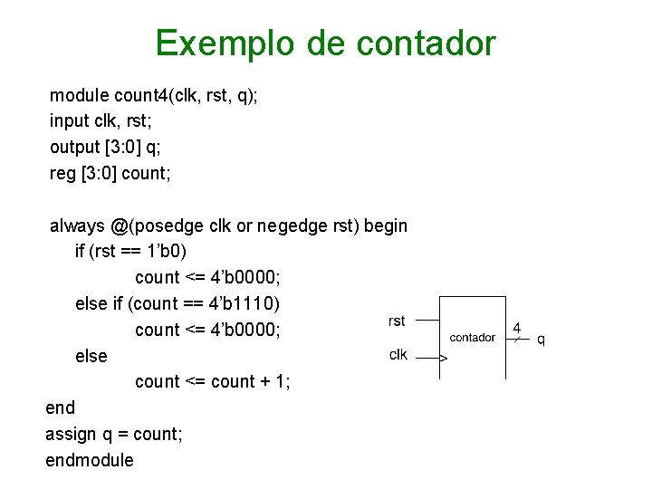 Exemplo de contador module count 4(clk, rst, q); input clk, rst; output [3: 0]