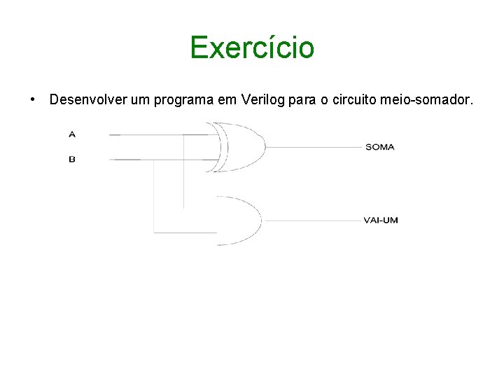 Exercício • Desenvolver um programa em Verilog para o circuito meio-somador. 