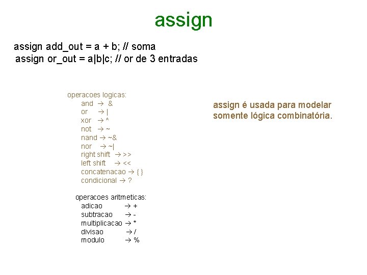 assign add_out = a + b; // soma assign or_out = a|b|c; // or