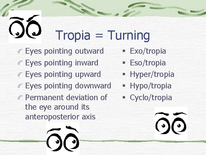Tropia = Turning Eyes pointing outward Eyes pointing inward Eyes pointing upward Eyes pointing